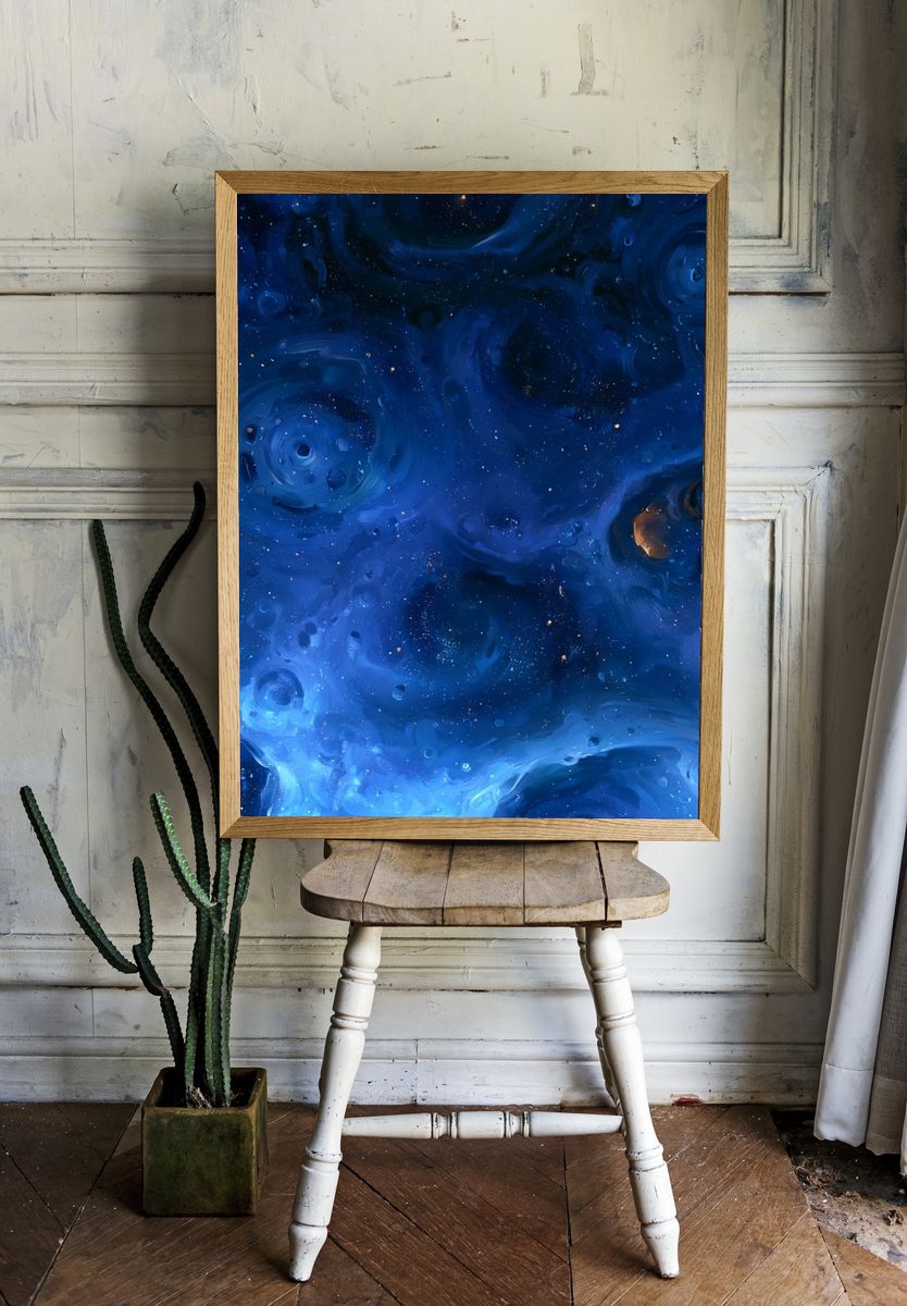 Blue Cosmic Swirls Abstract Poster. — room view 1