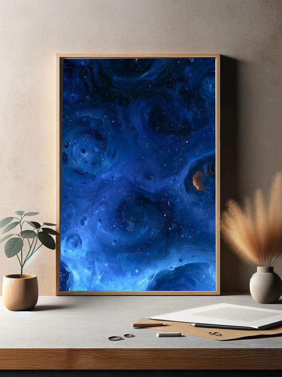 Blue Cosmic Swirls Abstract Poster. — room view 2