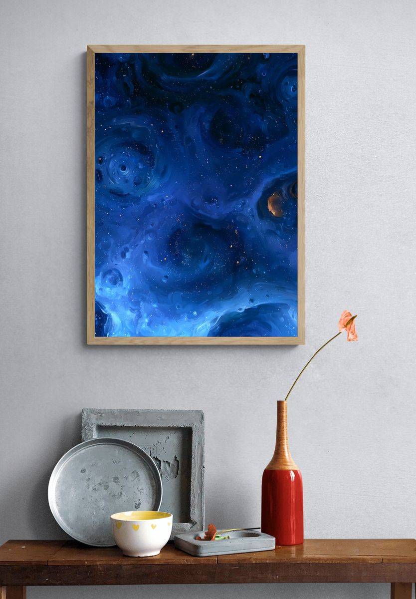 Blue Cosmic Swirls Abstract Poster. — room view 3