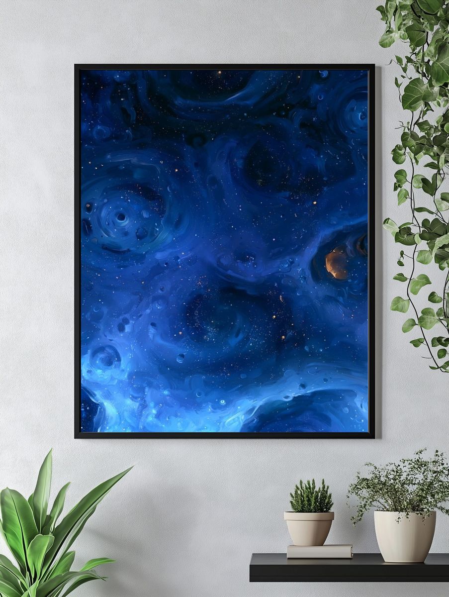 Blue Cosmic Swirls Abstract Poster. — room view 4