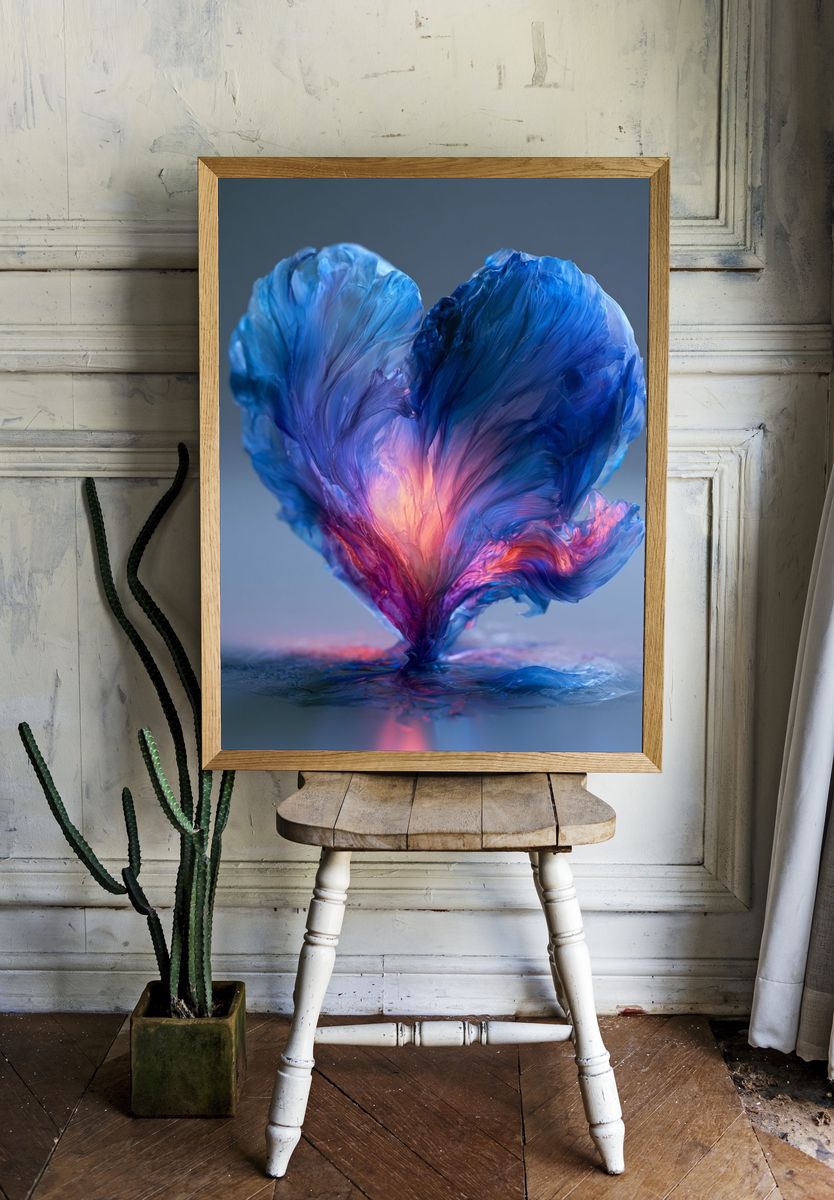Blue Heart Bloom Abstract Poster. room preview