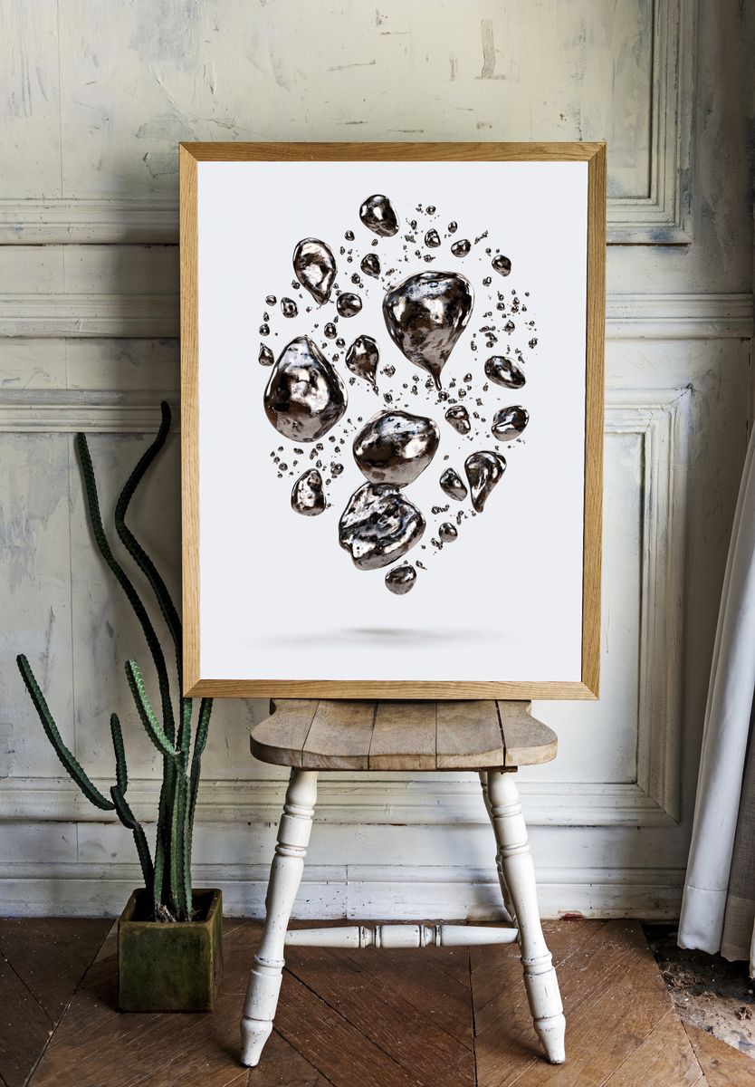 Floating Metallic Pebbles Abstract Print. room preview