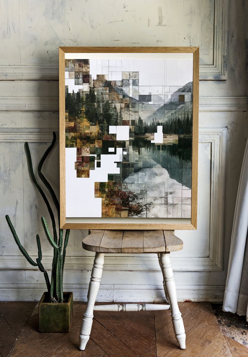 Geometric Mountain Lake Abstract Print. room preview