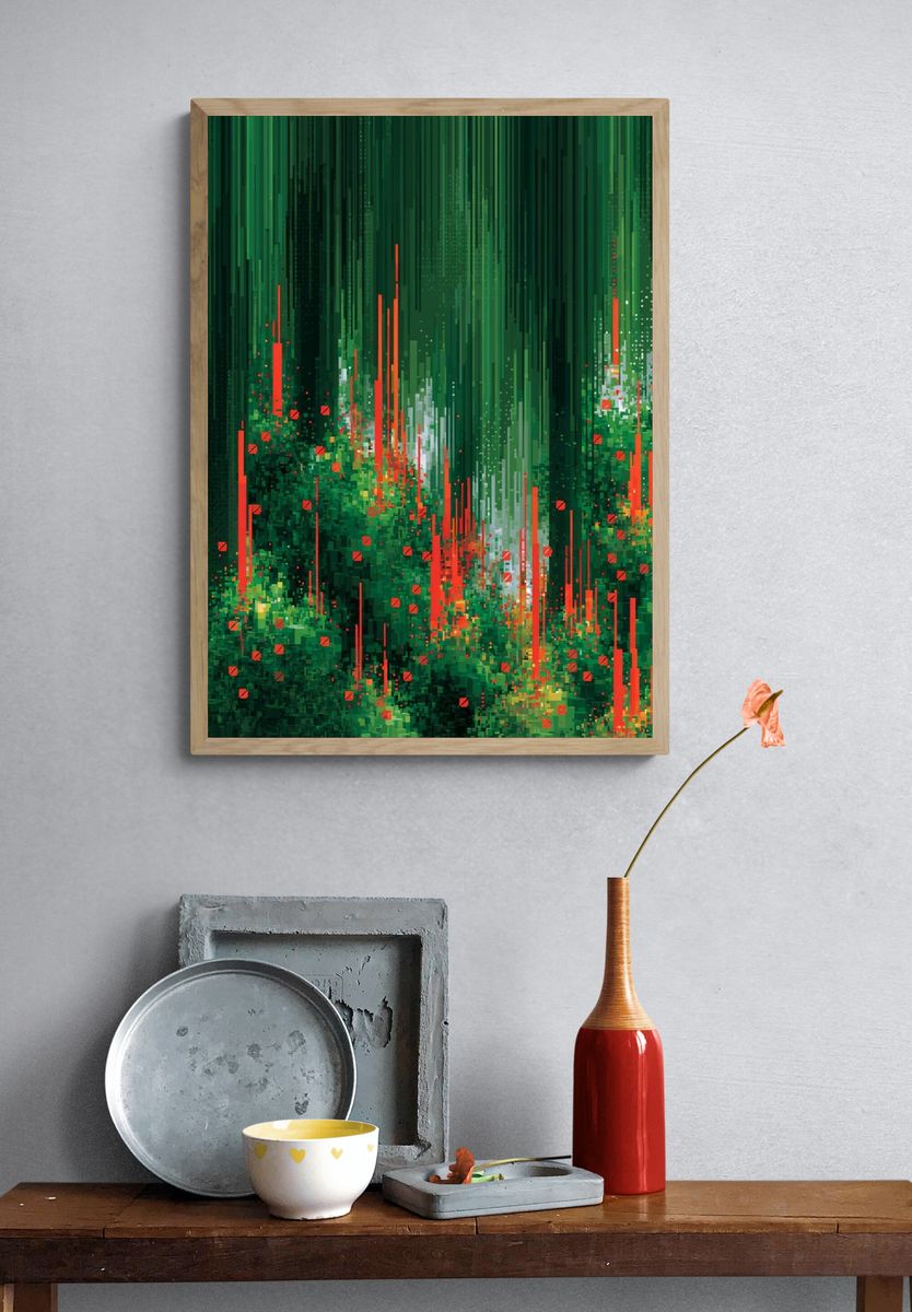 Emerald Glitch Forest Abstract Print. — room view 3