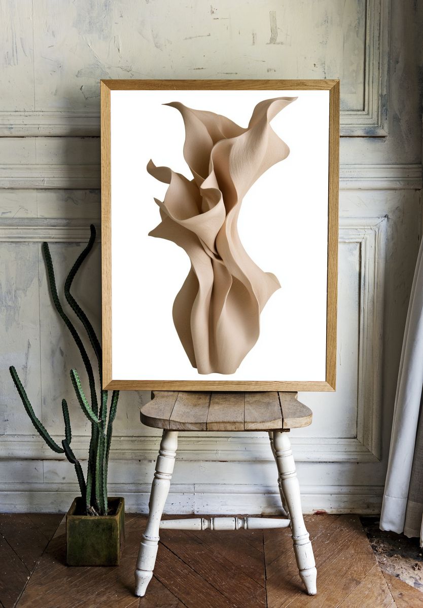 Beige Organic Fold Sculpture Print. room preview