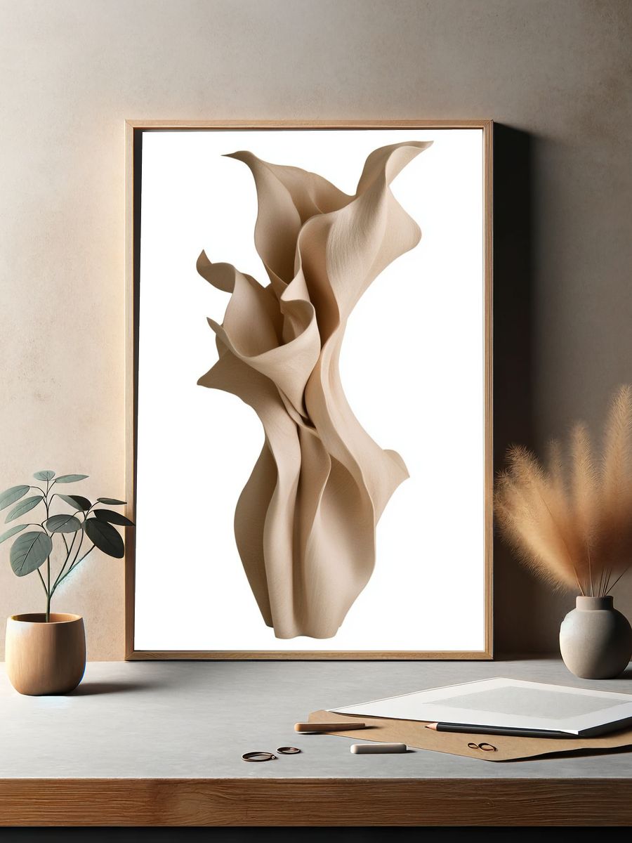 Beige Organic Fold Sculpture Print. — room view 2