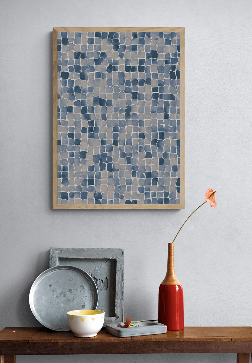 Blue Mosaic Texture Abstract Print. — room view 3