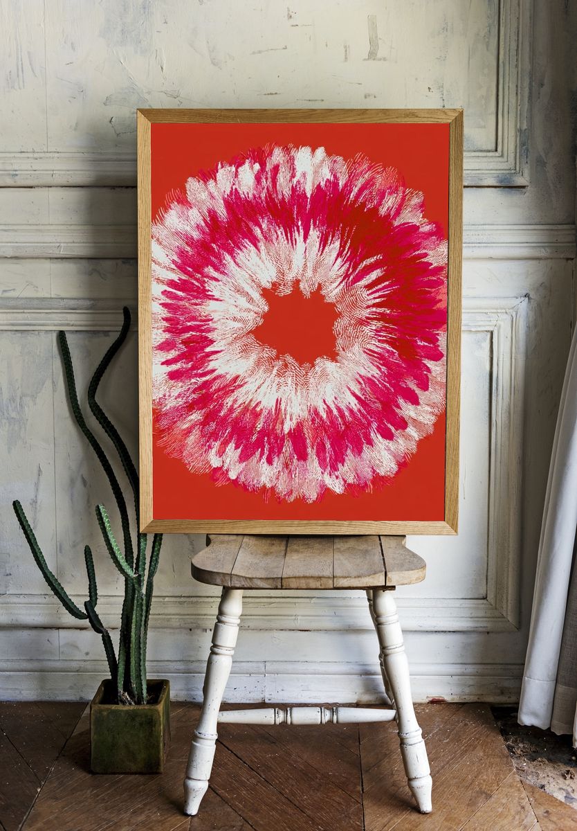 Crimson Floral Burst Abstract Print. room preview