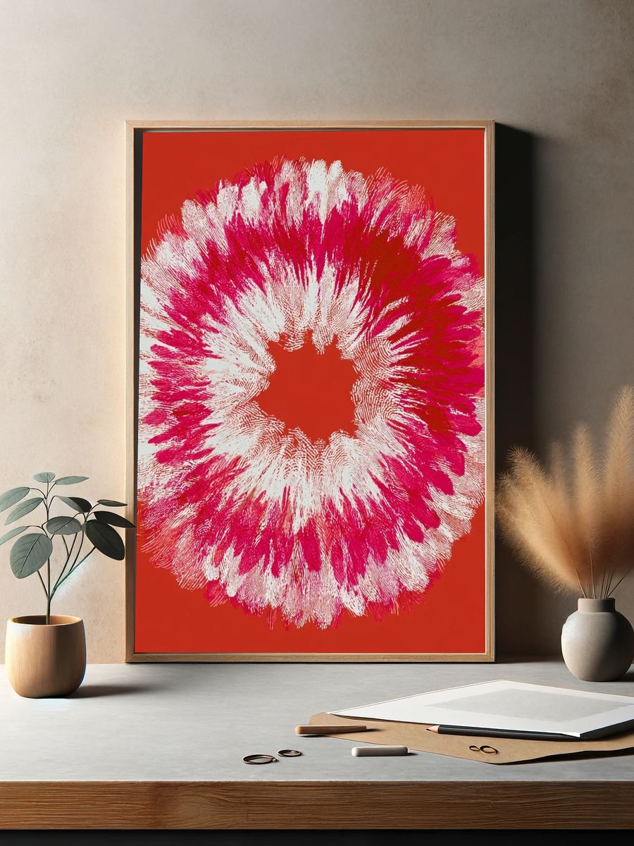 Crimson Floral Burst Abstract Print. — room view 2