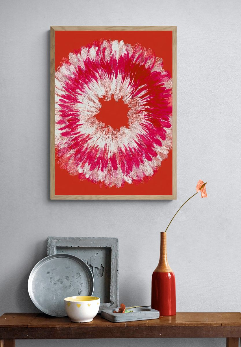 Crimson Floral Burst Abstract Print. — room view 3