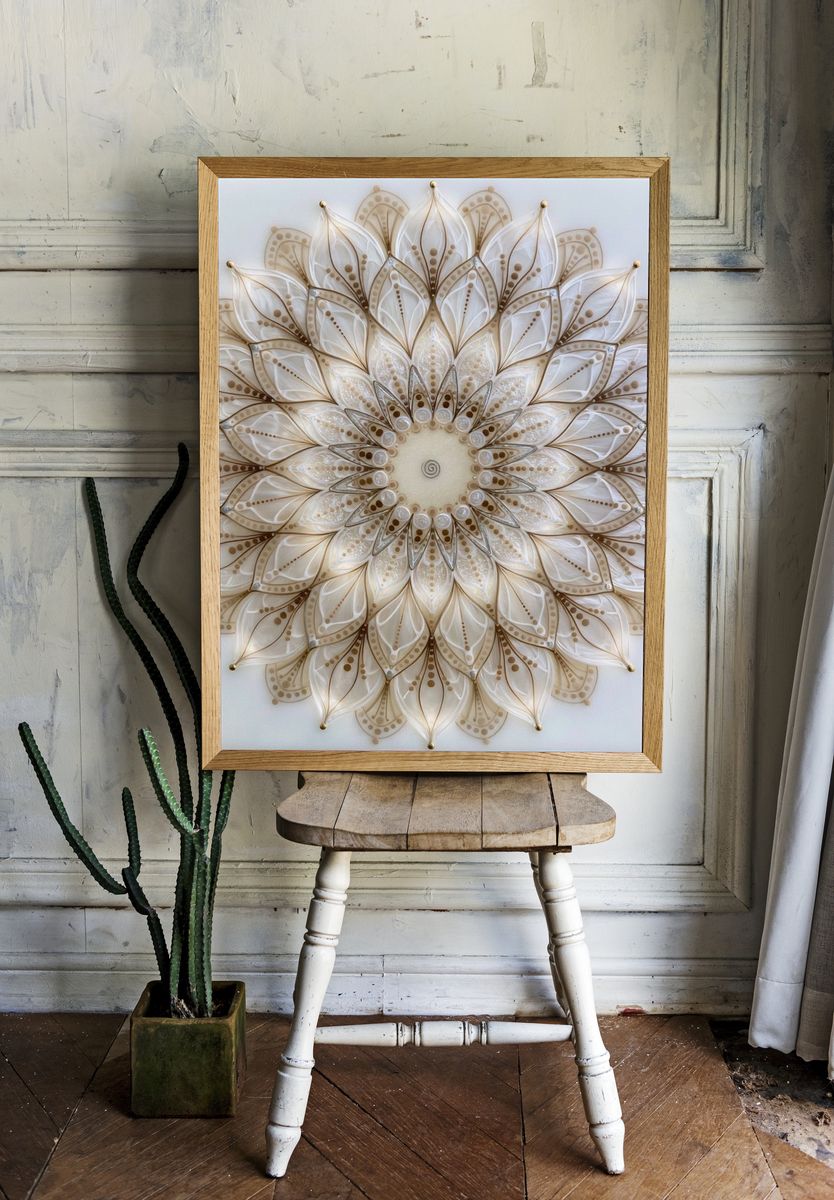 Beige Lotus Mandala Abstract Print. — room view 1