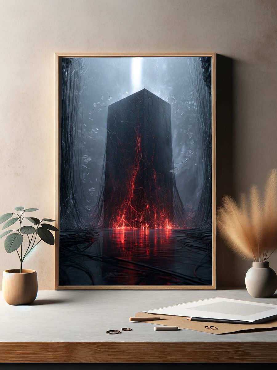 Crimson Monolith Abstract Poster. — room view 2