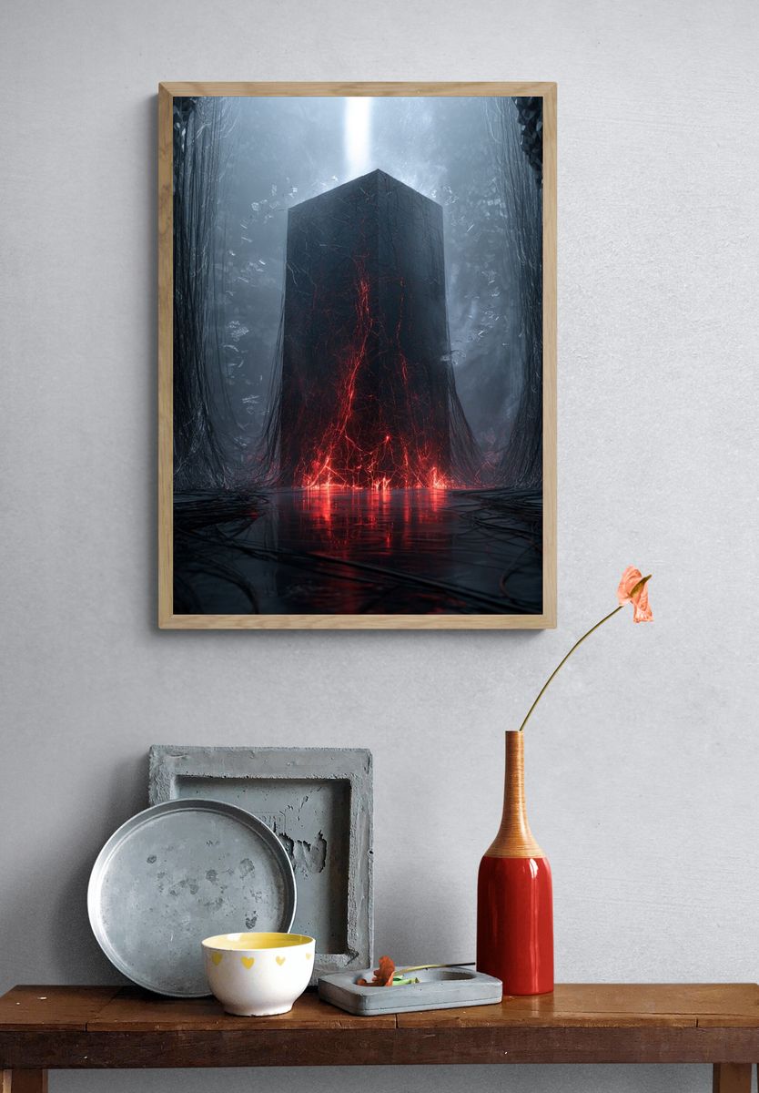 Crimson Monolith Abstract Poster. — room view 3