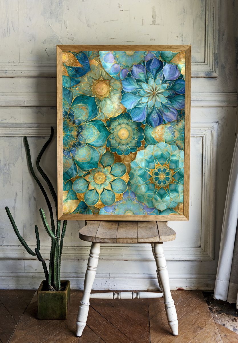 Teal Floral Mandala Abstract Poster. — room view 1