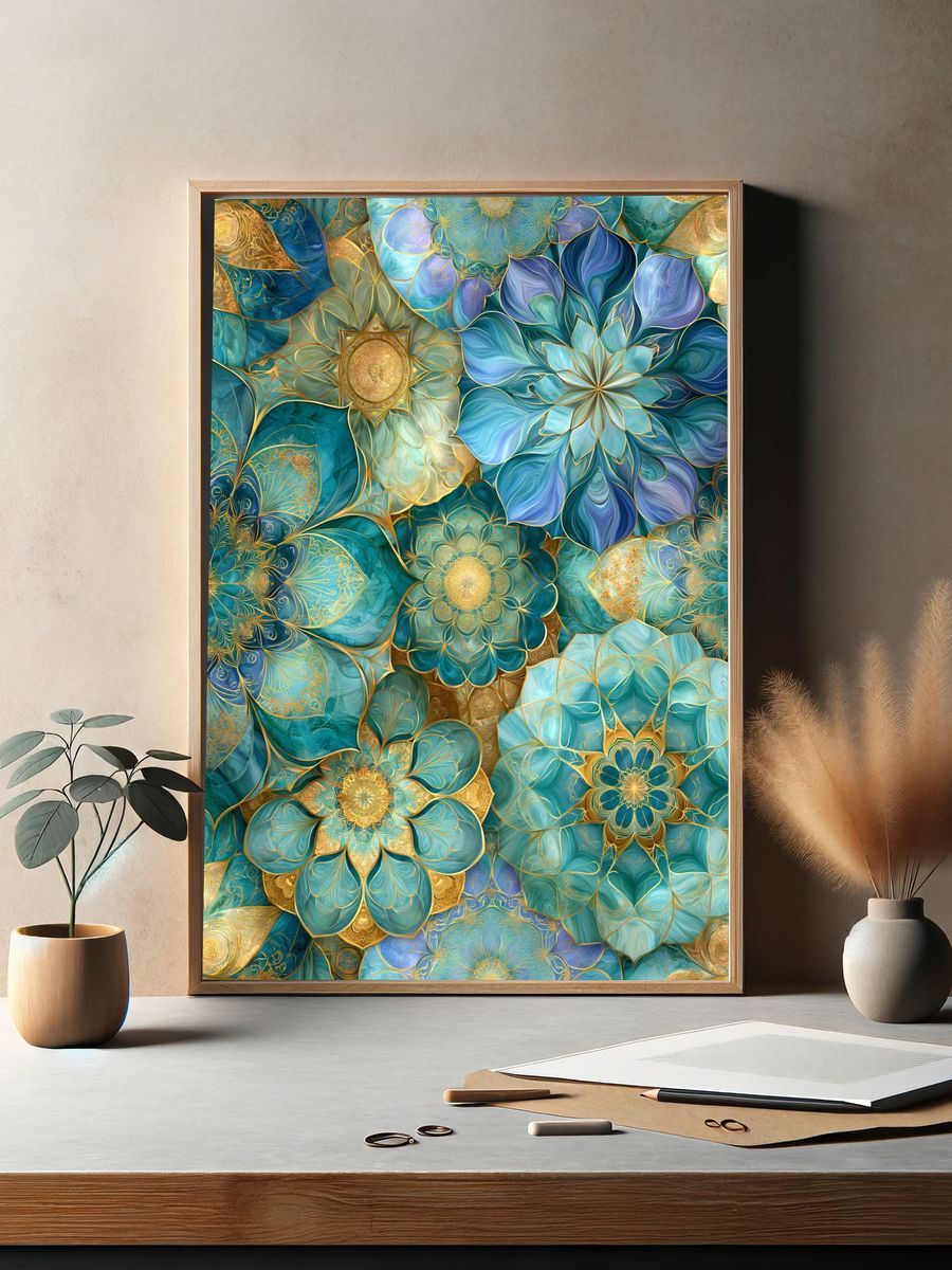 Teal Floral Mandala Abstract Poster. — room view 2