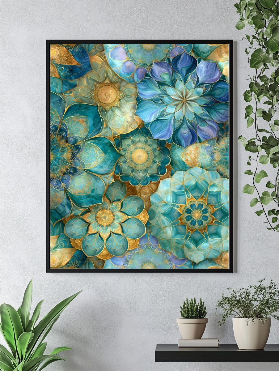 Teal Floral Mandala Abstract Poster. — room view 4