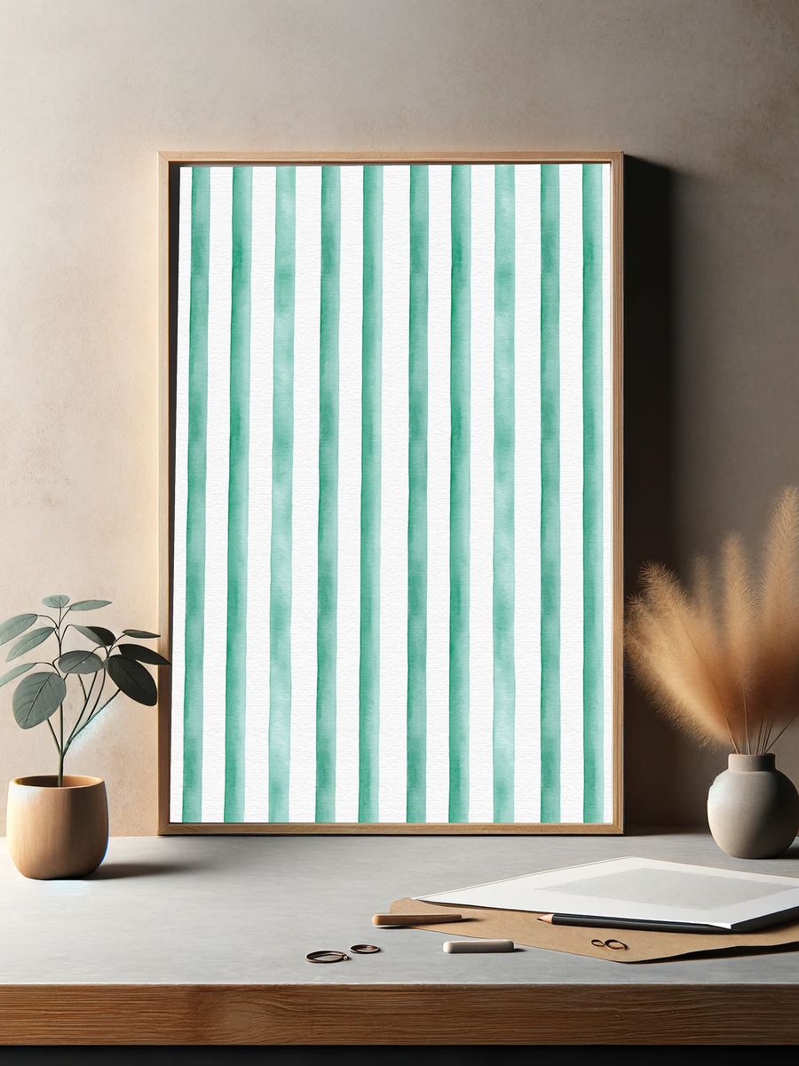 Mint Watercolor Stripes Poster. — room view 2
