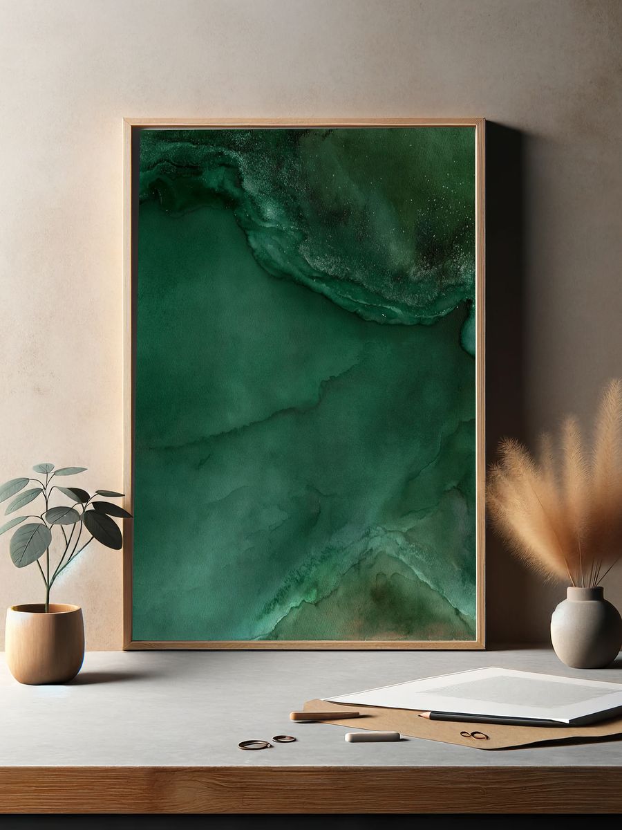 Emerald Ink Wash Abstract Poster. — room view 2