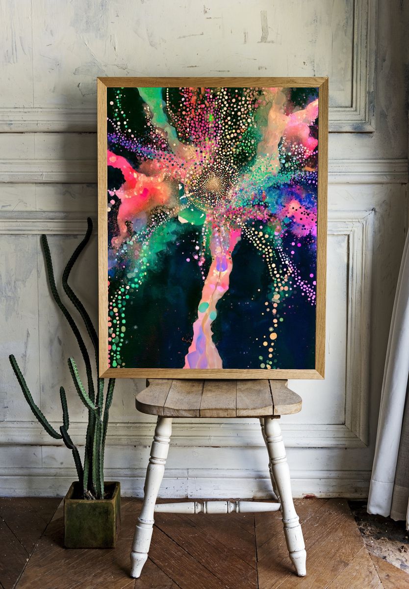 Neon Cosmic Burst Abstract Poster. room preview