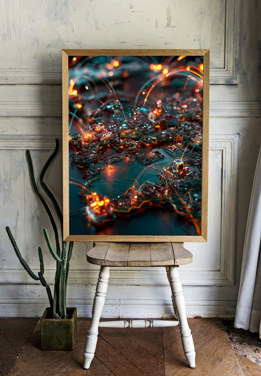Neon Circuit Cityscape Print. — room view 1