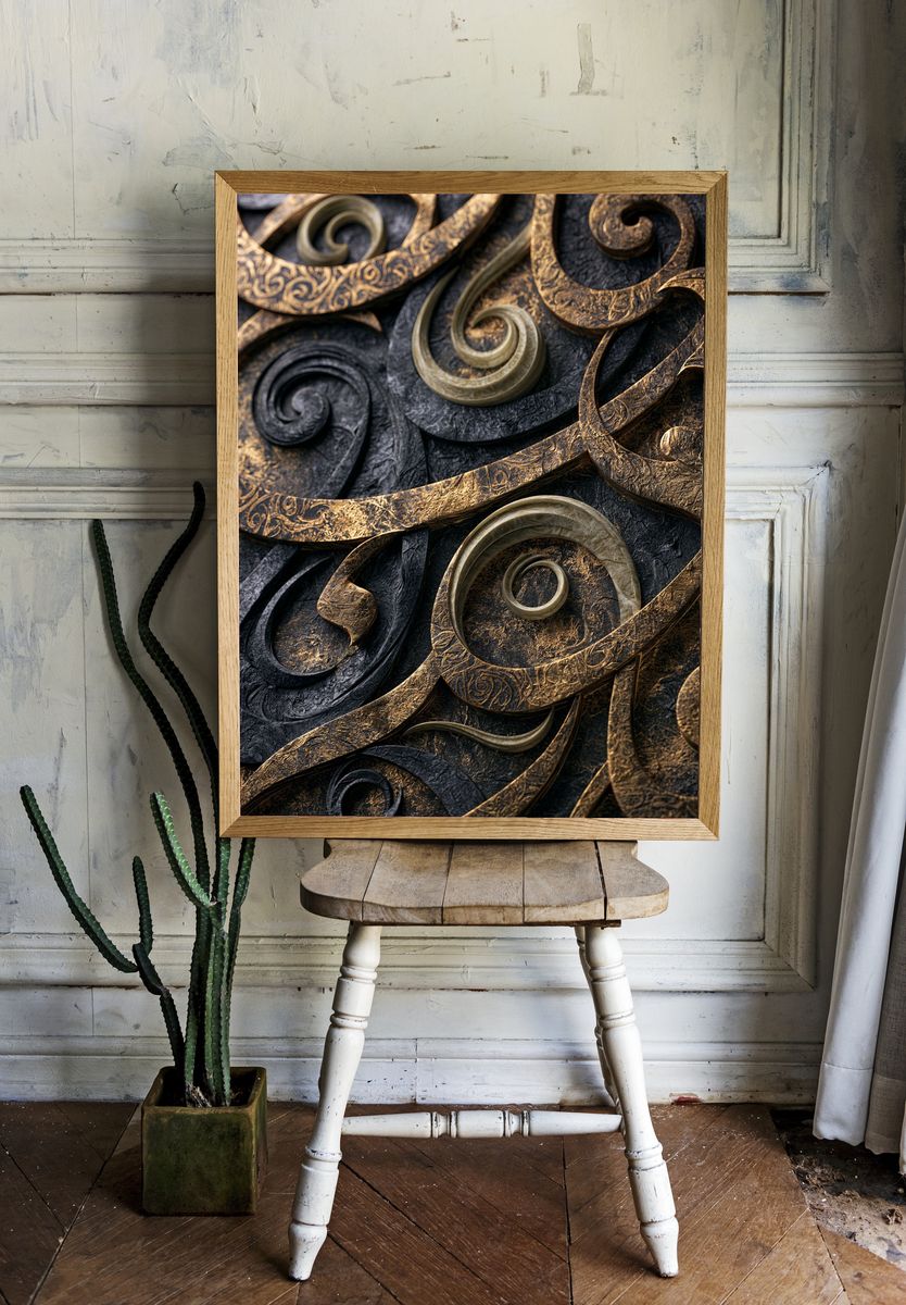 Ornate Gold Swirls Abstract Poster. — room view 1
