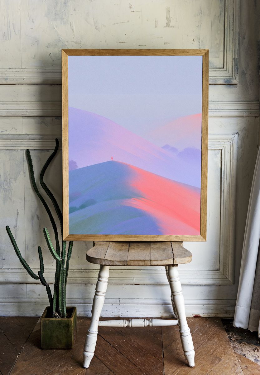 Dreamy Misty Hills Abstract Print. room preview