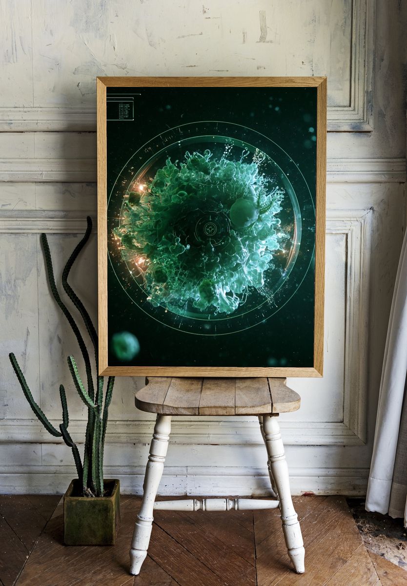 Futuristic Green Orb Abstract Poster. room preview