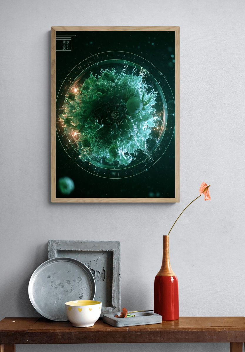 Futuristic Green Orb Abstract Poster. — room view 3