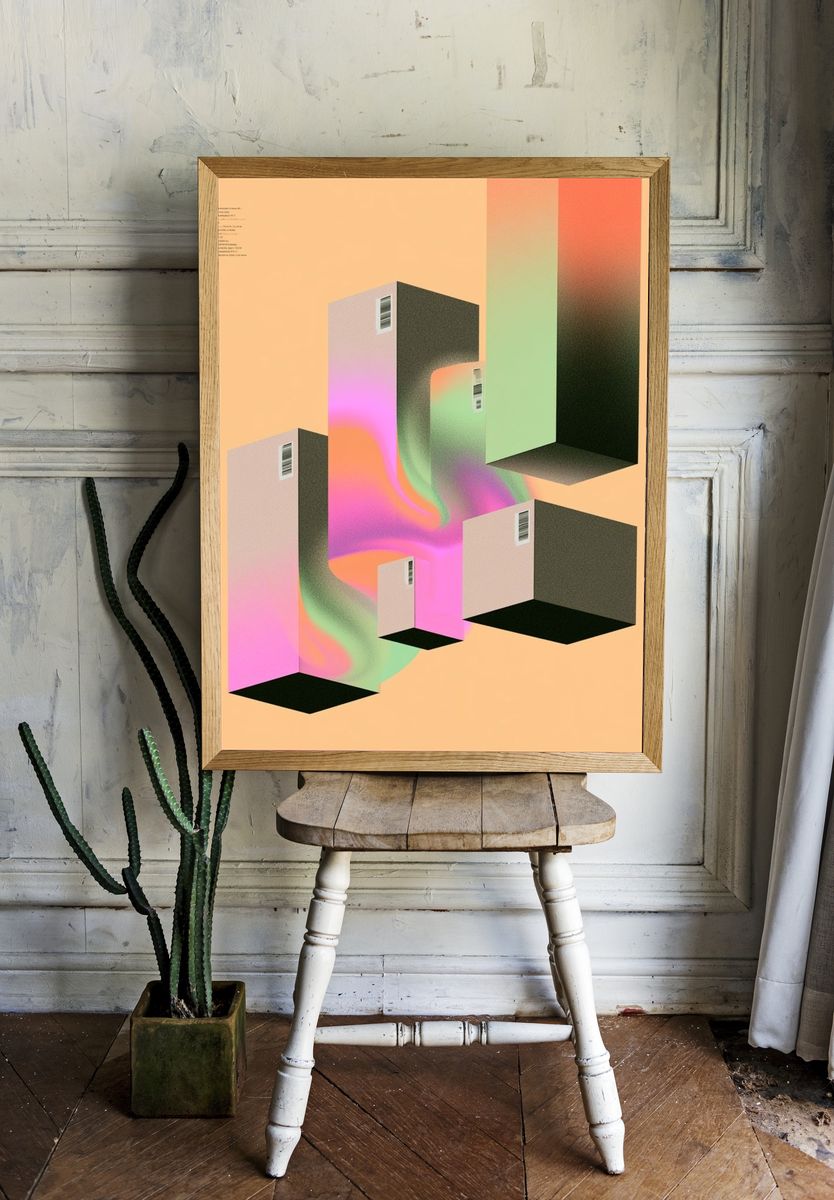 Neon Cubes Abstract Poster. — room view 1