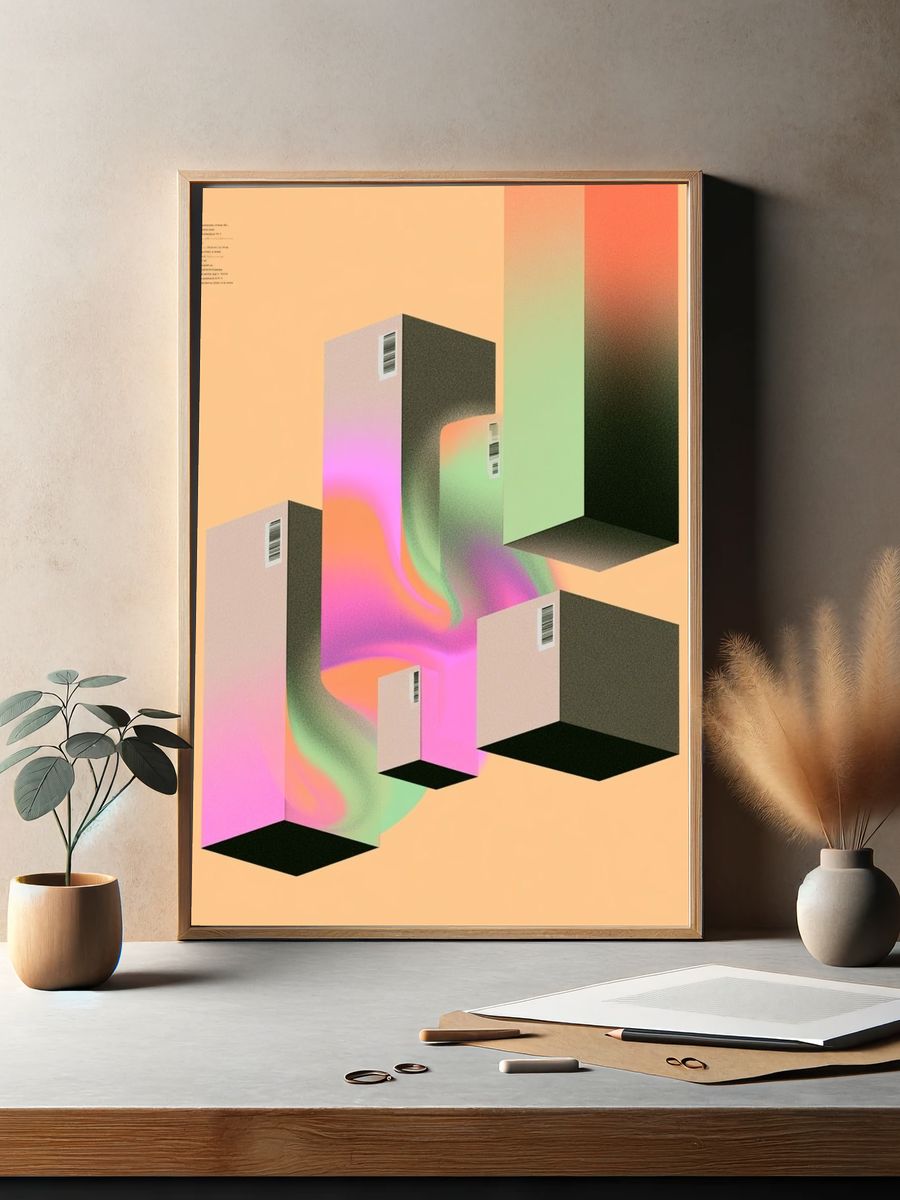 Neon Cubes Abstract Poster. — room view 2