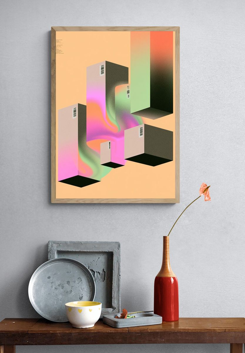 Neon Cubes Abstract Poster. — room view 3