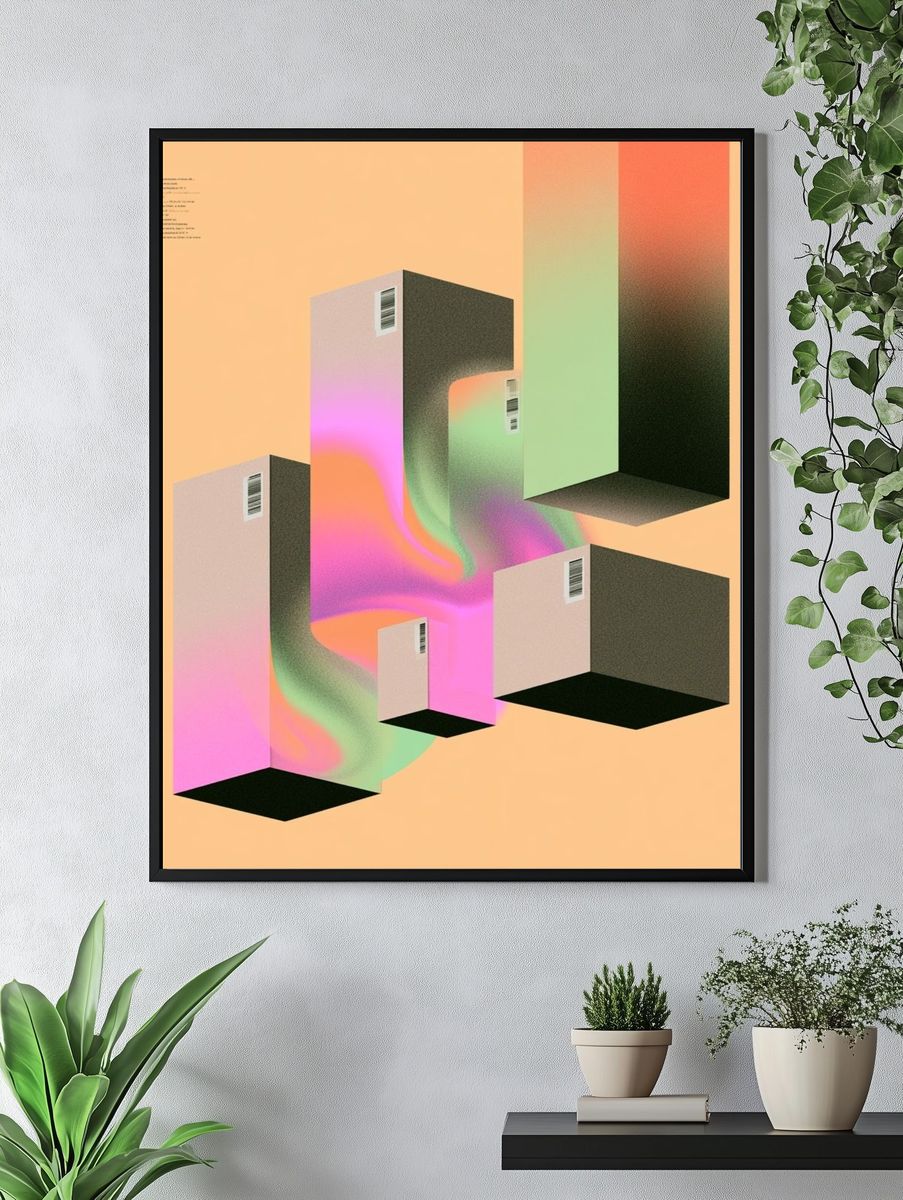 Neon Cubes Abstract Poster. — room view 4