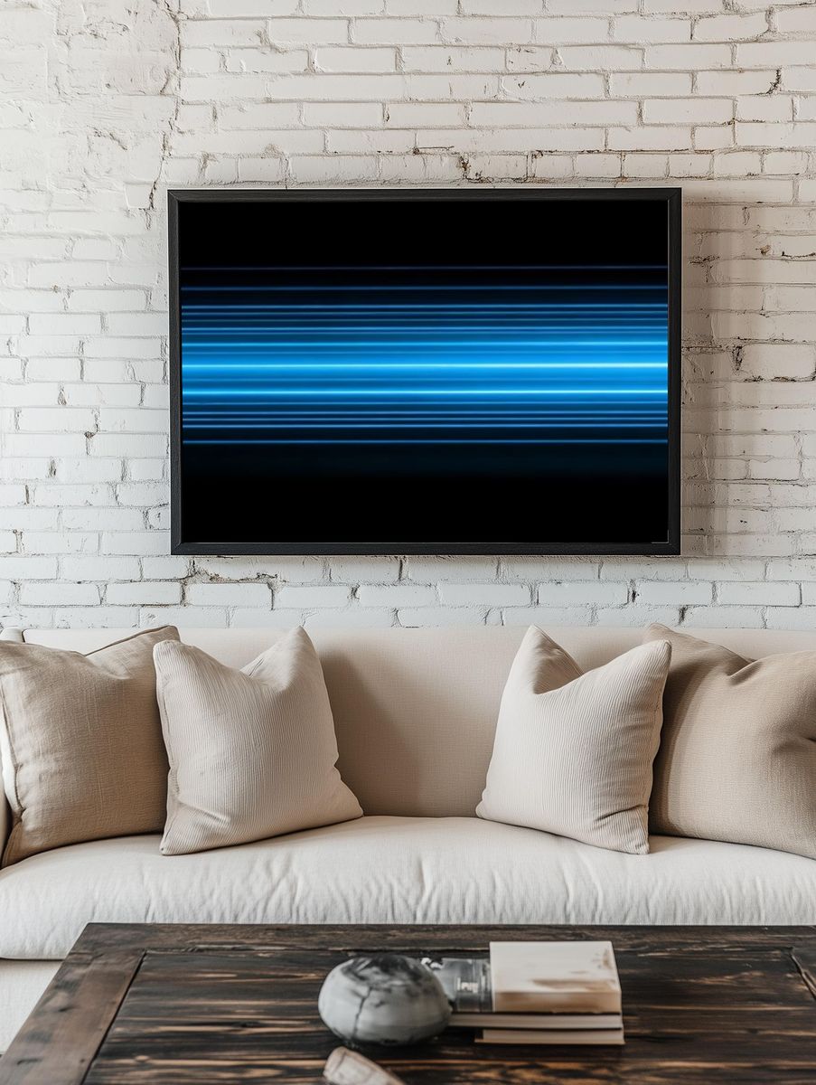 Neon Blue Light Streaks Poster. — room view 1