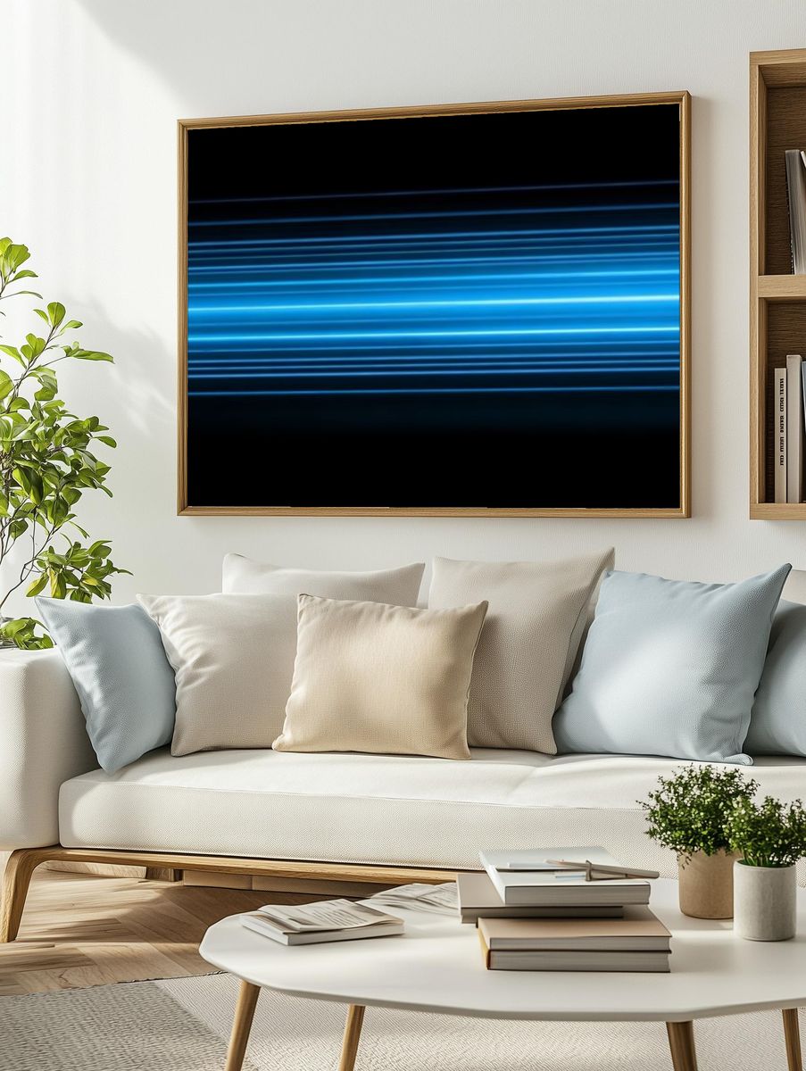 Neon Blue Light Streaks Poster. — room view 2
