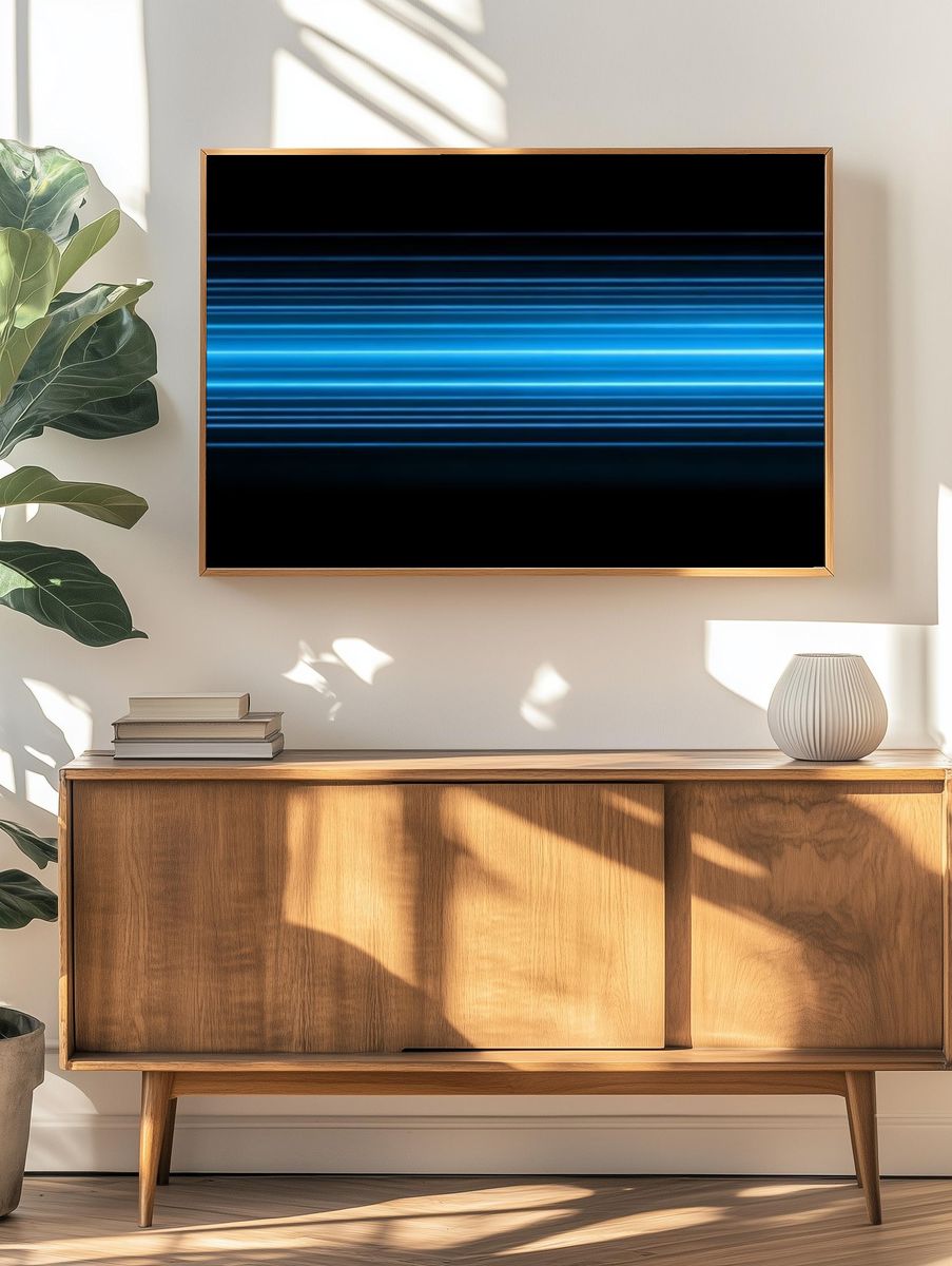 Neon Blue Light Streaks Poster. — room view 3