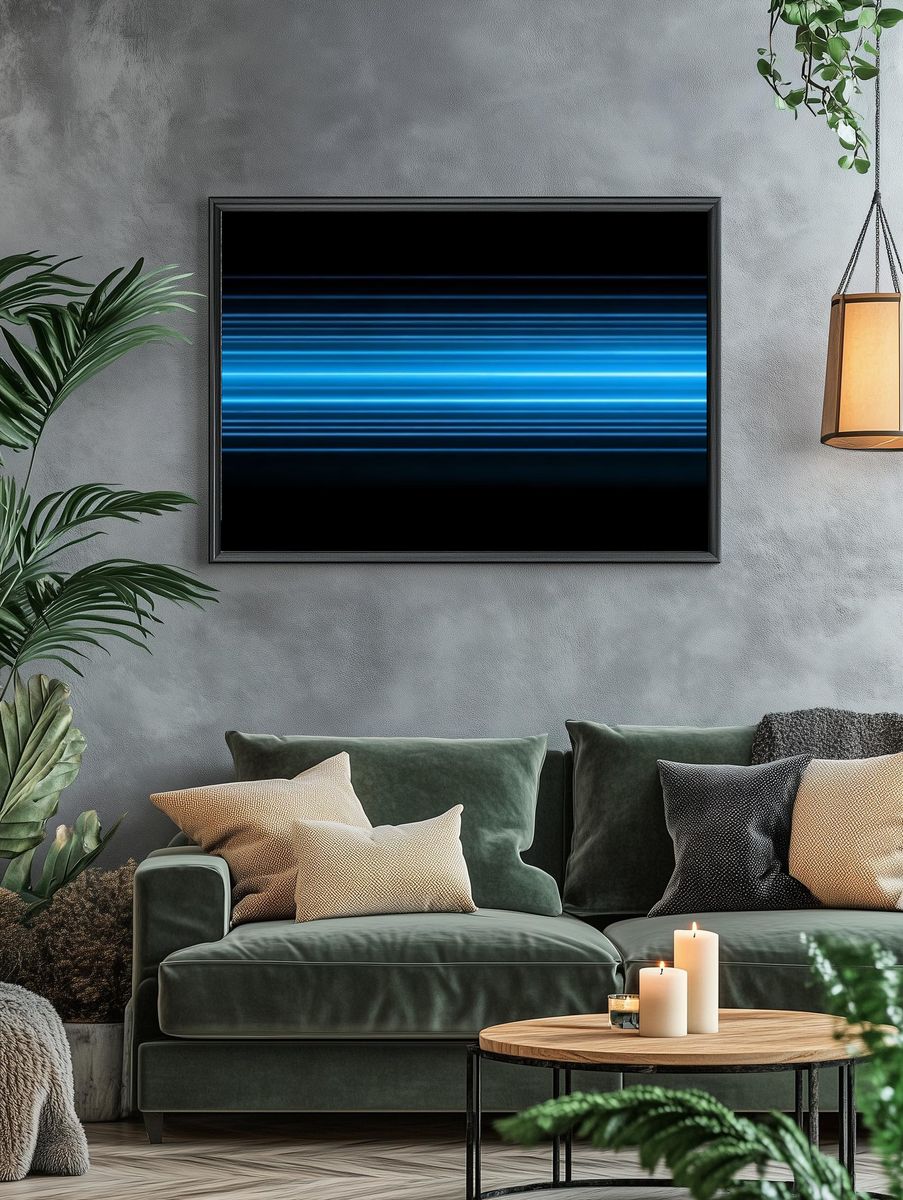 Neon Blue Light Streaks Poster. — room view 4