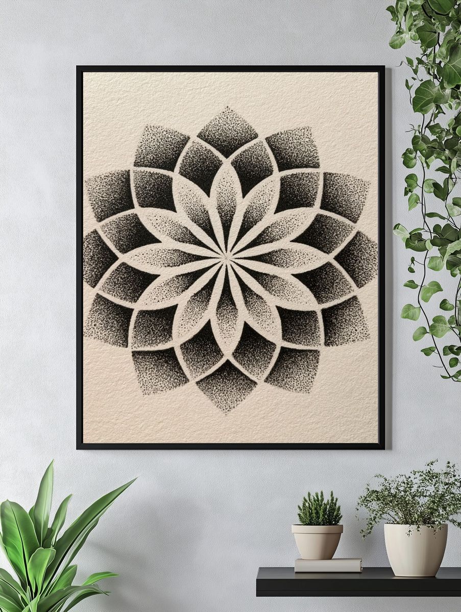 Monochrome Mandala Abstract Print. — room view 4