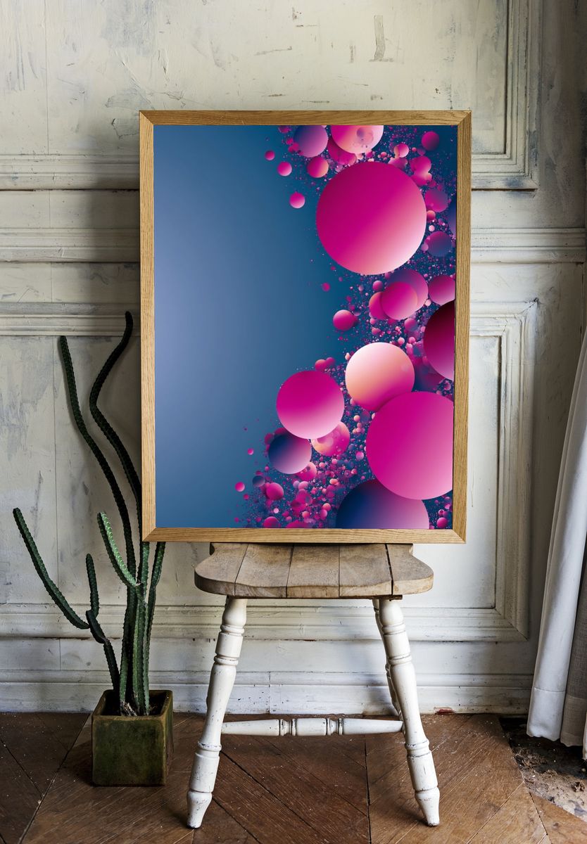 Pink Orb Cascade Abstract Poster. room preview