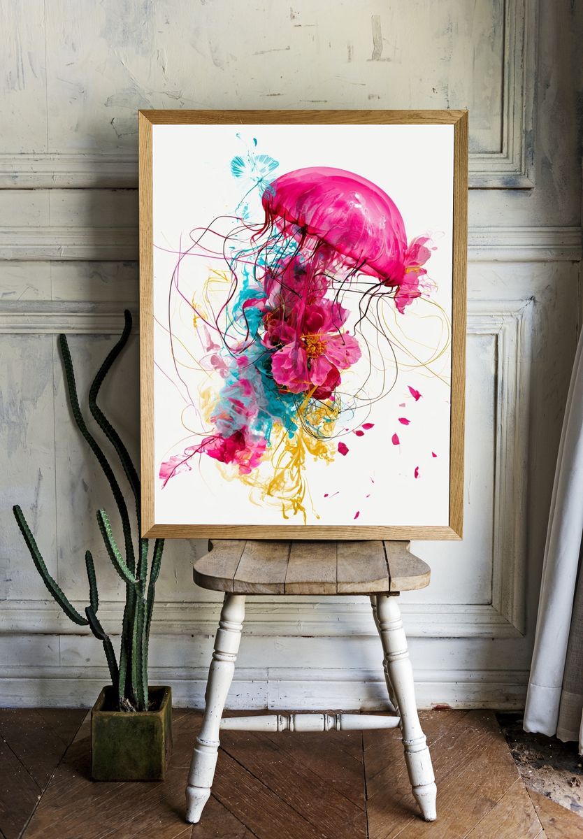 Neon Jellyfish Abstract Poster. room preview
