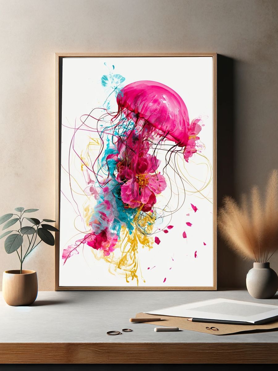 Neon Jellyfish Abstract Poster. — room view 2