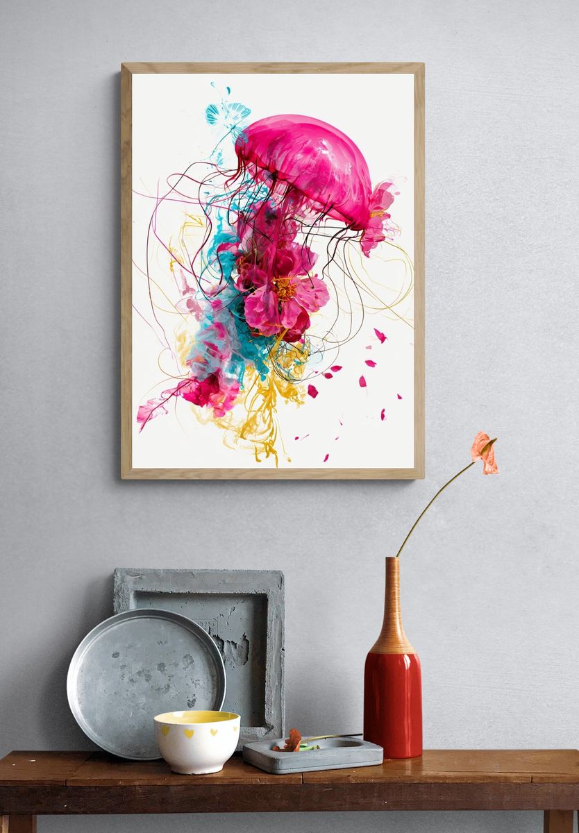 Neon Jellyfish Abstract Poster. — room view 3