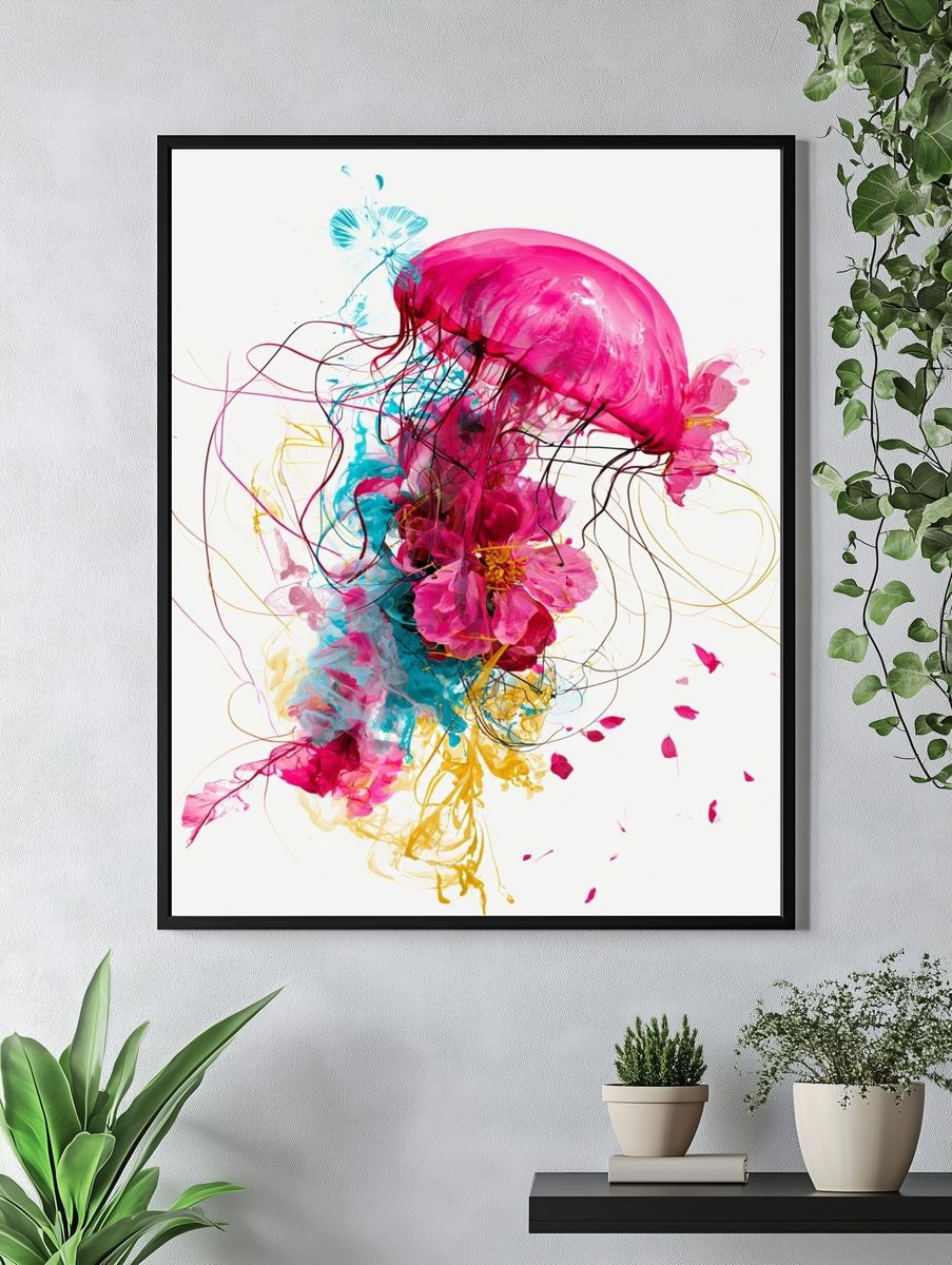 Neon Jellyfish Abstract Poster. — room view 4