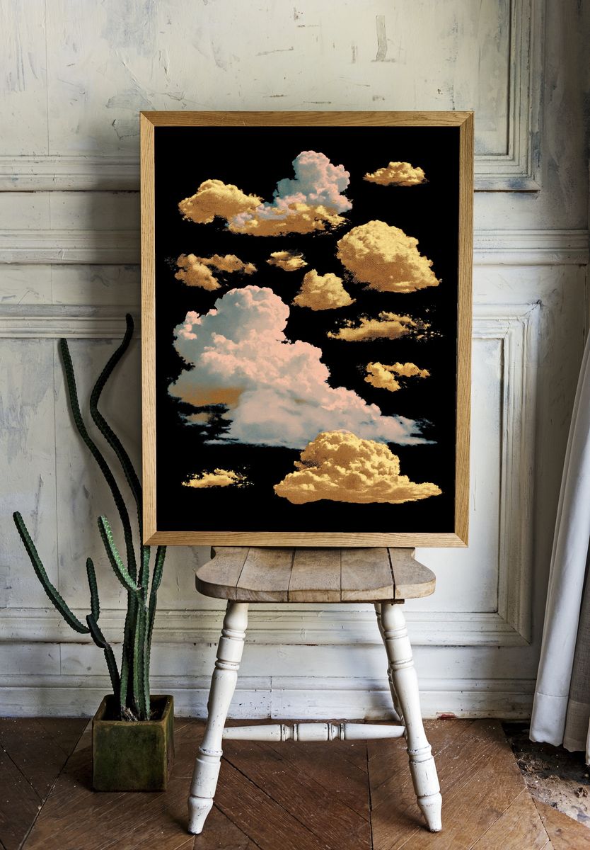 Golden Clouds Abstract Print. room preview