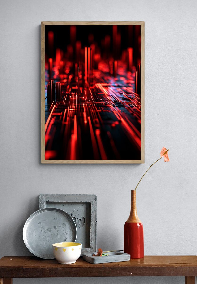 Neon Circuit Grid Abstract Poster. — room view 3