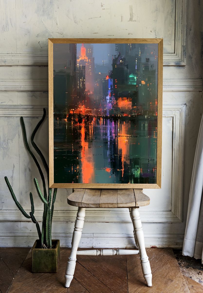 Neon City Reflections Abstract Poster. — room view 1