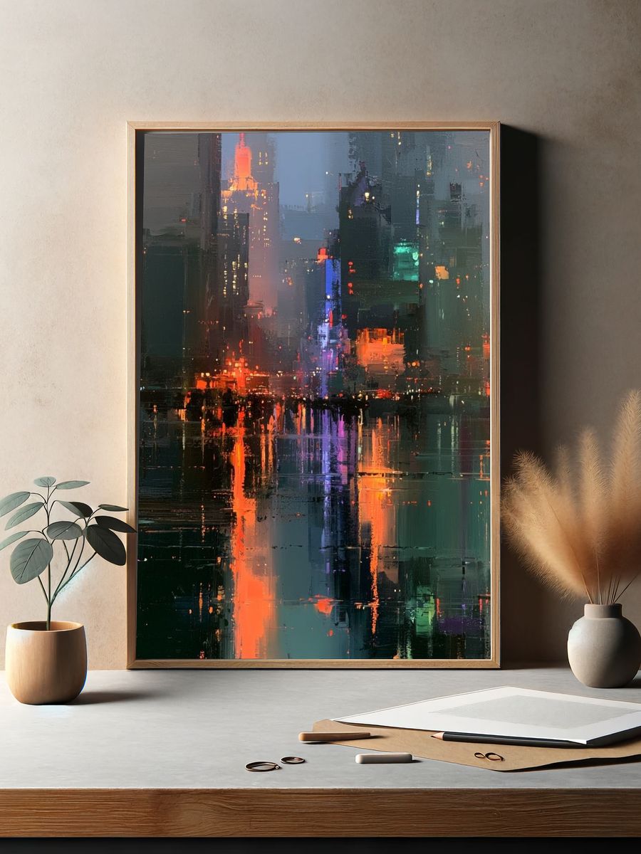 Neon City Reflections Abstract Poster. — room view 2
