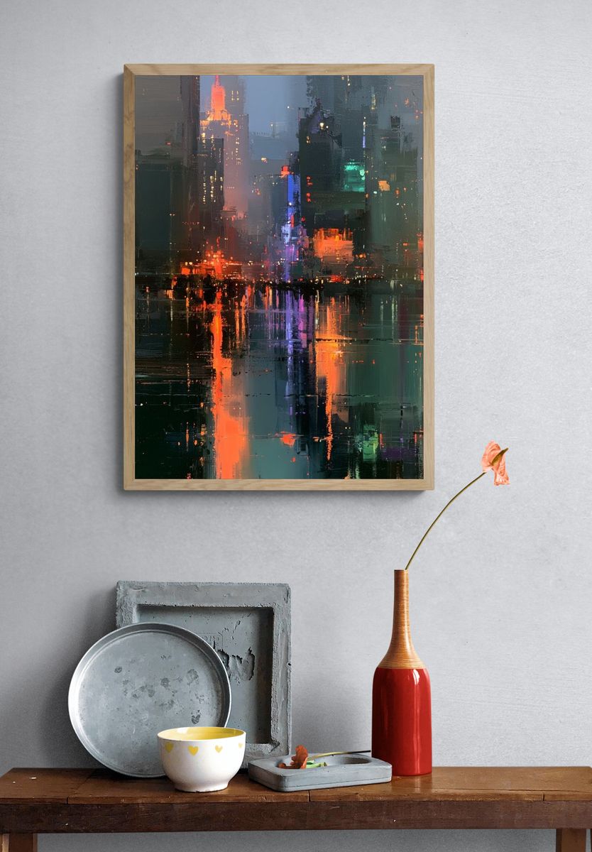 Neon City Reflections Abstract Poster. — room view 3