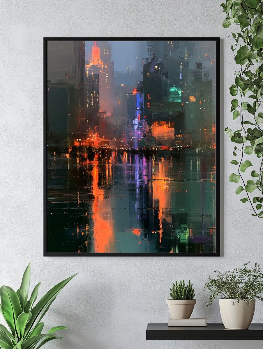 Neon City Reflections Abstract Poster. — room view 4