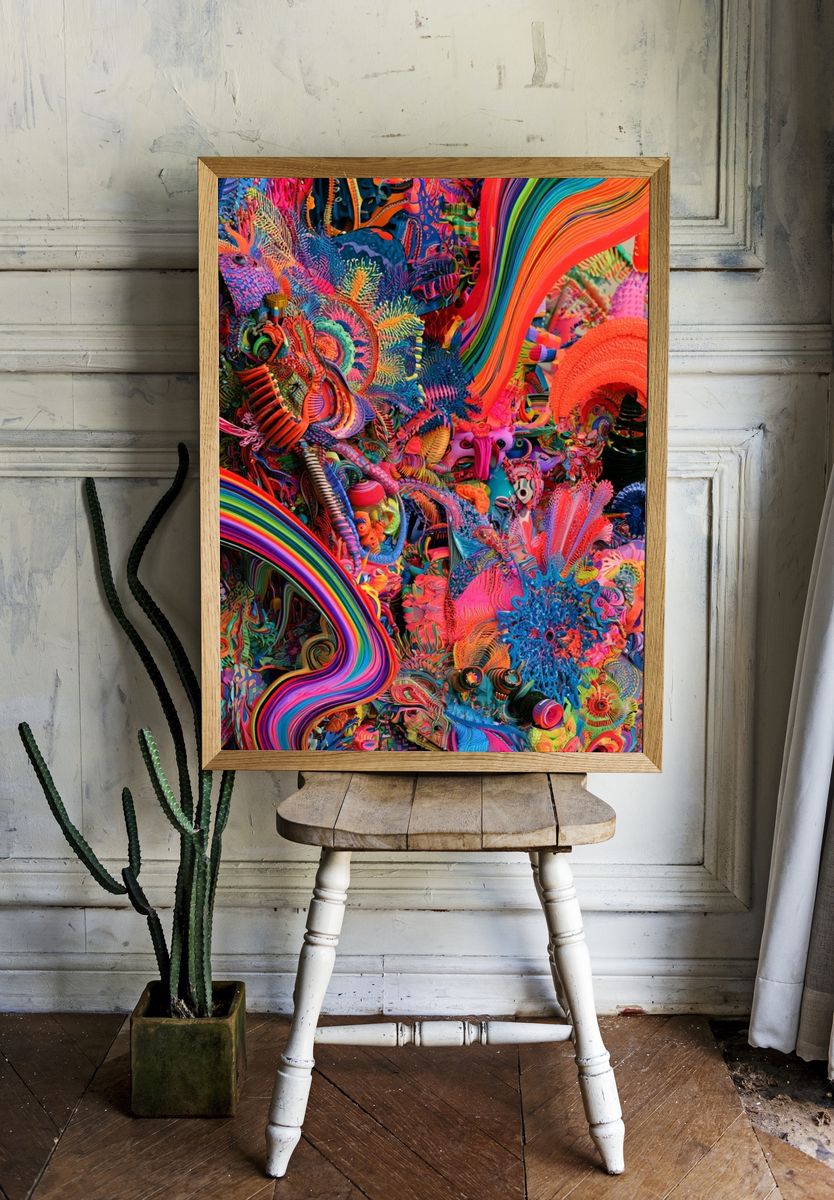 Neon Kaleidoscope Abstract Poster. — room view 1