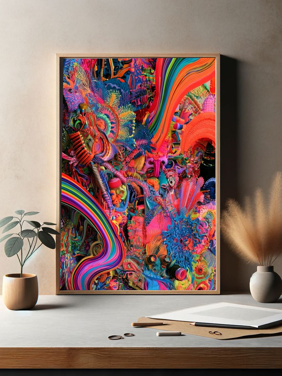 Neon Kaleidoscope Abstract Poster. — room view 2